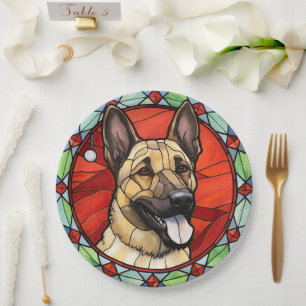 Belgian Malinois Stained Glass Christmas Paper Plate