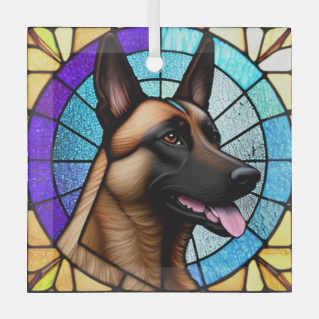 Belgian Malinois "Stained Glass"  Glass Tree Decoration (Front)