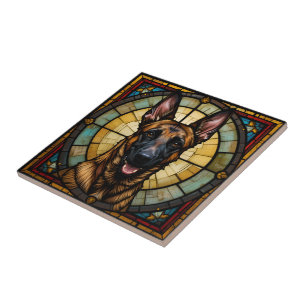 Belgian Malinois Stained Glass Style Illustration Ceramic Tile