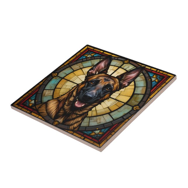 Belgian Malinois Stained Glass Style Illustration Ceramic Tile (Side)