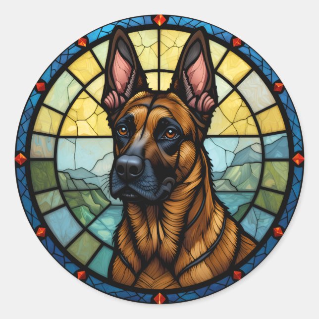 Belgian Malinois Stained Glass Style Illustration Classic Round Sticker (Front)