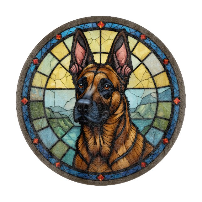 Belgian Malinois Stained Glass Style Illustration Cutting Board (Front)
