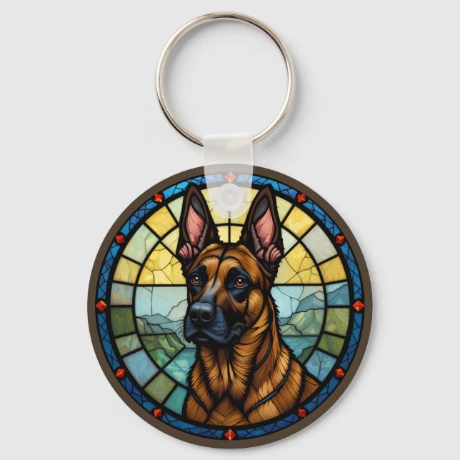 Belgian Malinois Stained Glass Style Illustration Key Ring (Front)