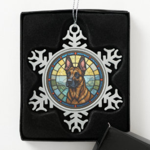 Belgian Malinois Stained Glass Style Illustration Snowflake Pewter Christmas Ornament