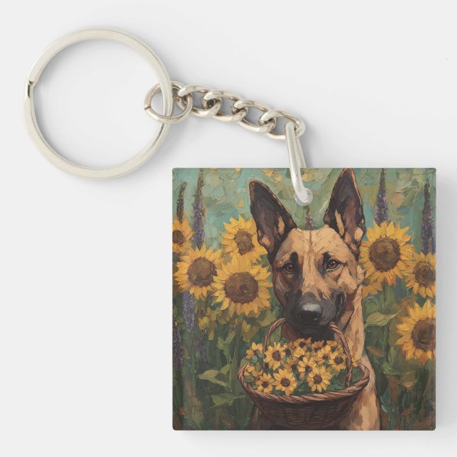 Belgian Malinois with a Basket of Sunflowers Key Ring (Front)