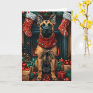 Belgian Malinois With Christmas Gifts Fireplace  Card
