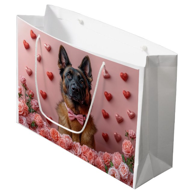 Belgian Malinois with Roses - Valentine's Day  Large Gift Bag (Front Angled)