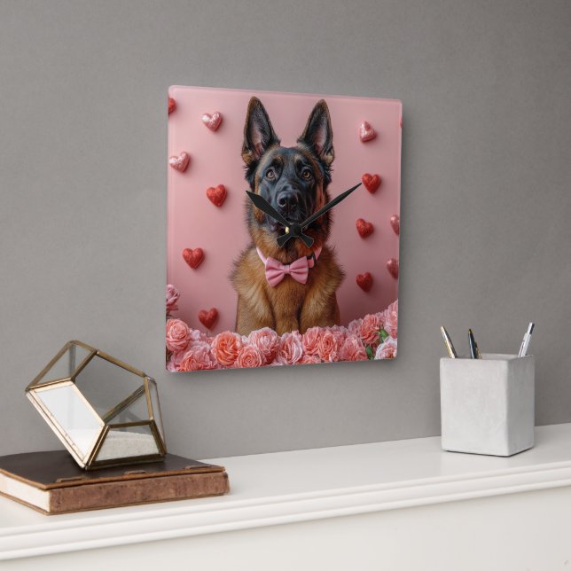 Belgian Malinois with Roses - Valentine's Day  Square Wall Clock (Office)