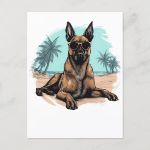 Belgian-malinois with sunglasses at the beach postcard