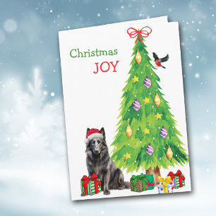 Belgian Sheepdog, Bird and Christmas Tree Holiday Card