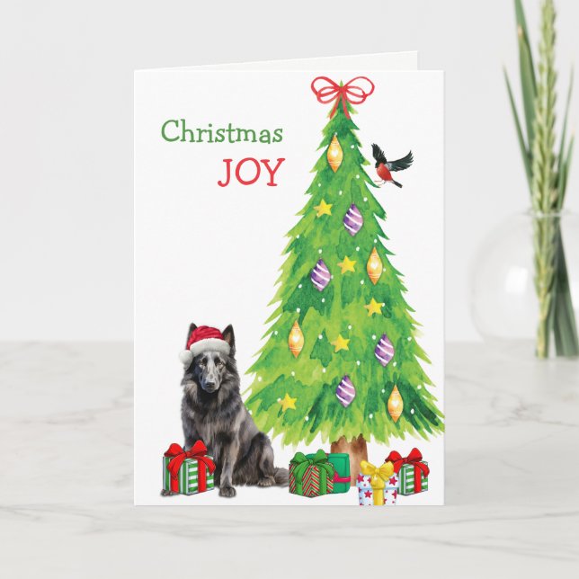 Belgian Sheepdog, Bird and Christmas Tree Holiday Card (Front)