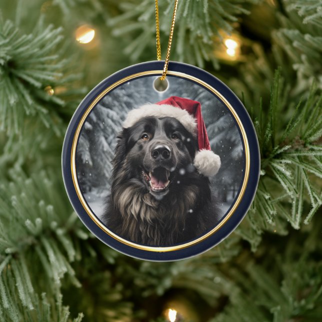 Belgian Sheepdog Santa Hat Winter Forest Ceramic Ornament (Tree)
