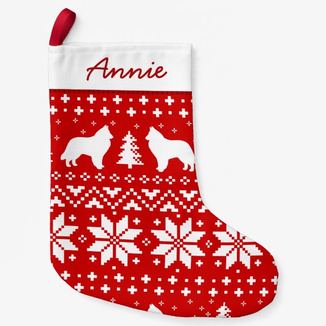 Belgian Sheepdog Silhouettes Dogs Holiday Red Small Christmas Stocking (Front)