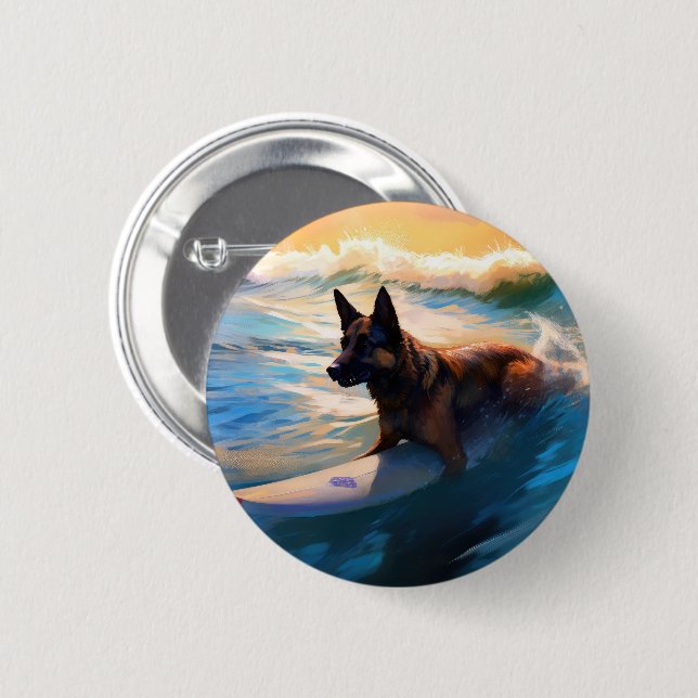 Belgian Shepherd  Beach Surfing Painting  6 Cm Round Badge (Front & Back)