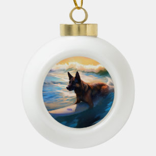 Belgian Shepherd  Beach Surfing Painting  Ceramic Ball Christmas Ornament