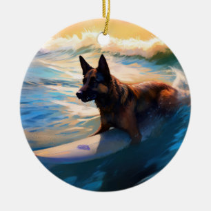 Belgian Shepherd  Beach Surfing Painting  Ceramic Ornament