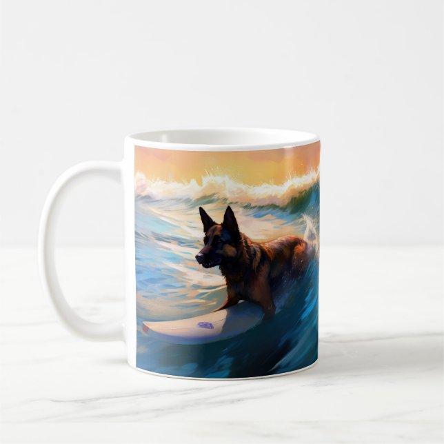 Belgian Shepherd  Beach Surfing Painting  Coffee Mug (Left)