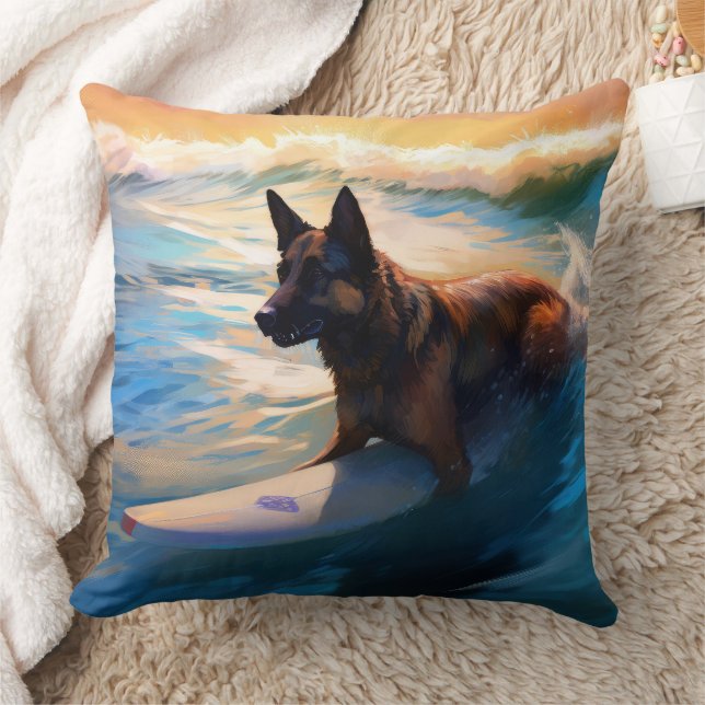 Belgian Shepherd  Beach Surfing Painting  Cushion (Blanket)