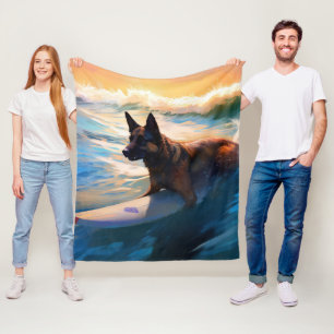 Belgian Shepherd  Beach Surfing Painting  Fleece Blanket