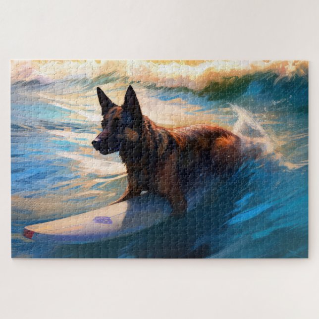 Belgian Shepherd  Beach Surfing Painting  Jigsaw Puzzle (Horizontal)