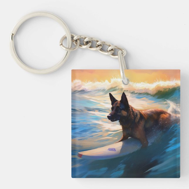 Belgian Shepherd  Beach Surfing Painting  Key Ring (Front)