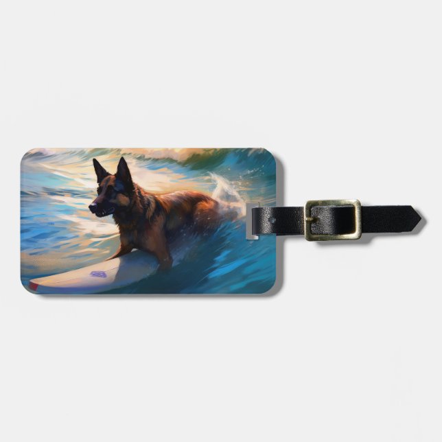 Belgian Shepherd  Beach Surfing Painting  Luggage Tag (Front Horizontal)