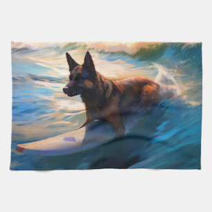 Belgian Shepherd  Beach Surfing Painting  Tea Towel
