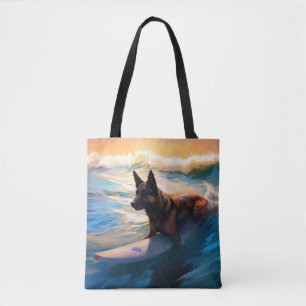 Belgian Shepherd Beach Surfing Painting Tote Bag