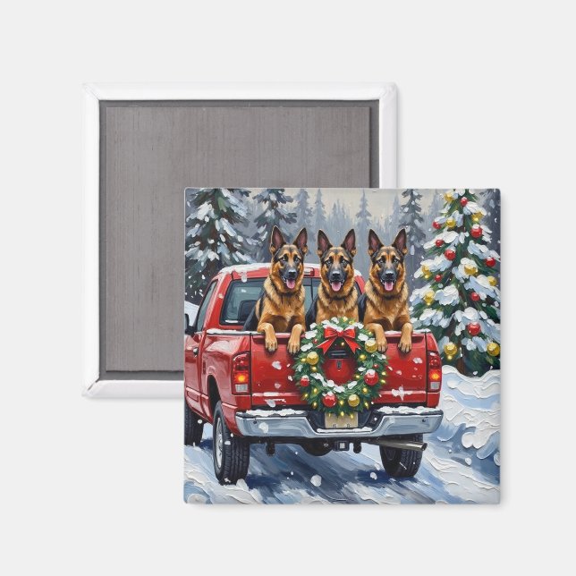 Belgian Shepherd Christmas Red Truck Holiday Magnet (Front/Back)