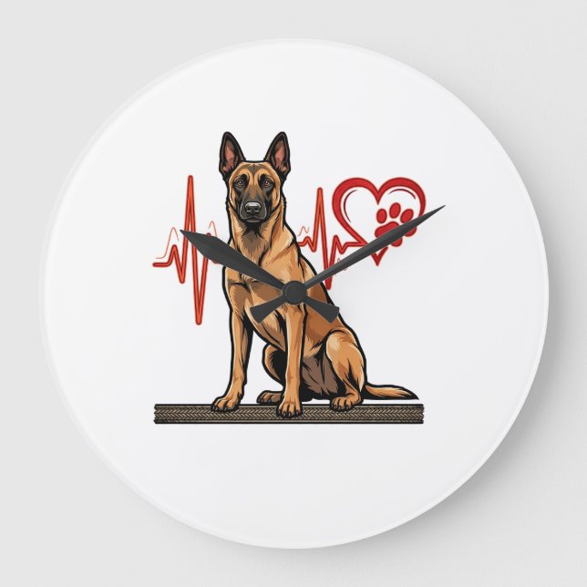 Belgian Shepherd Dog Heartbeat Paw Heart Large Clock (Front)