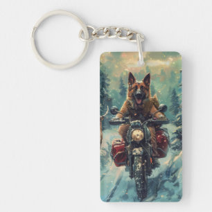 Belgian Shepherd Dog Riding Motorcycle Christmas Key Ring