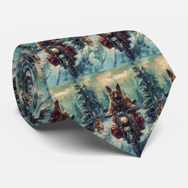 Belgian Shepherd Dog Riding Motorcycle Christmas Tie (Rolled)
