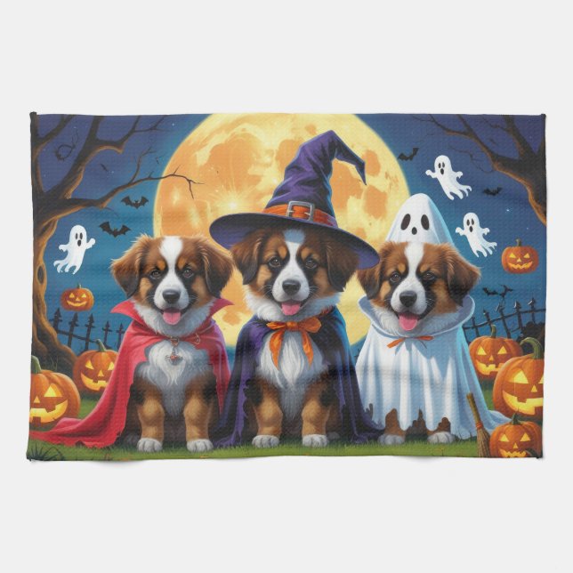 Belgian Shepherd Dogs Pumpkin Halloween Funny Tea Towel (Horizontal)