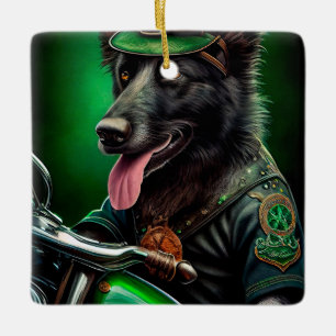 Belgian Shepherd driving bike St. Patrick's Day Ceramic Ornament
