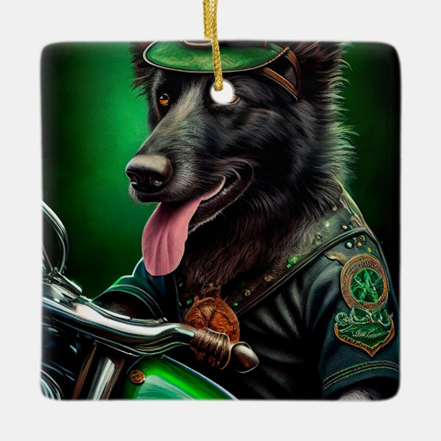 Belgian Shepherd driving bike St. Patrick's Day Ceramic Ornament (Front)