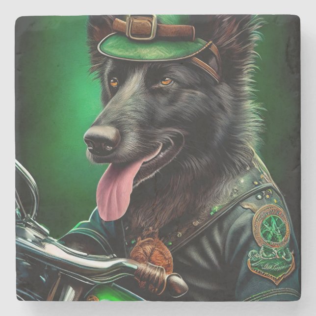 Belgian Shepherd driving bike St. Patrick's Day Stone Coaster (Front)