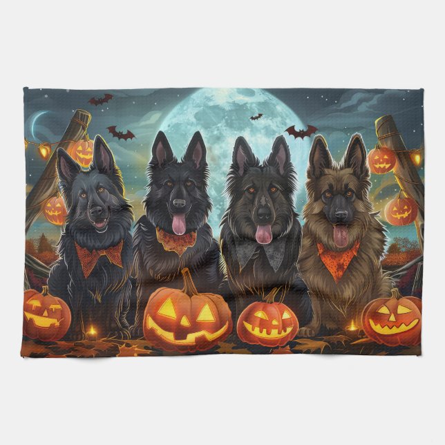 Belgian Shepherd Halloween Spooky Tea Towel (Horizontal)