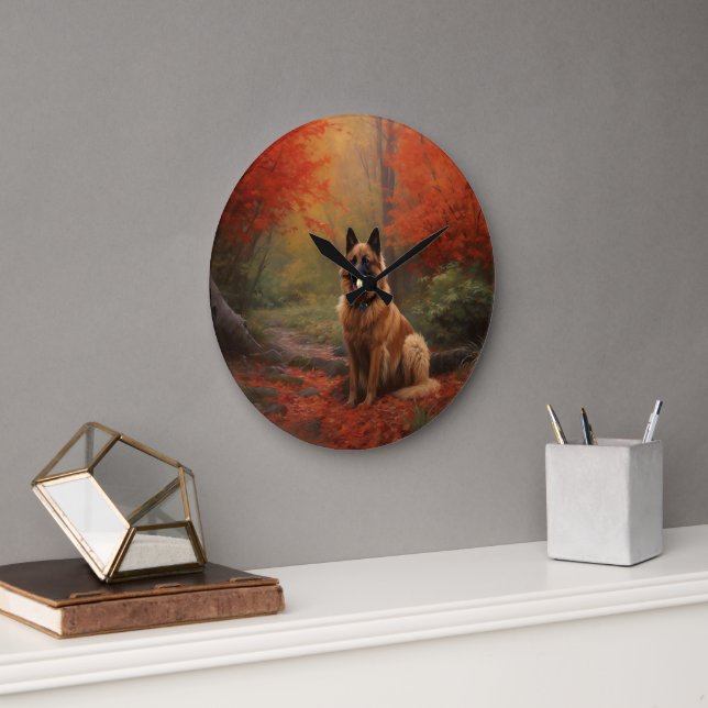 Belgian Shepherd in Autumn Leaves Fall Inspire  Large Clock (Office)