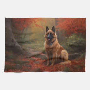 Belgian Shepherd in Autumn Leaves Fall Inspire  Tea Towel