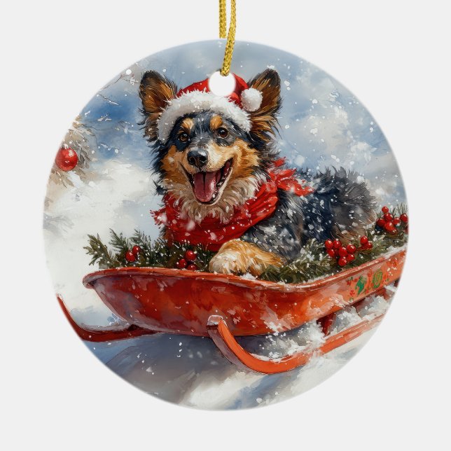 Belgian Shepherd in Sledge Let it Snow Christmas Ceramic Ornament (Front)