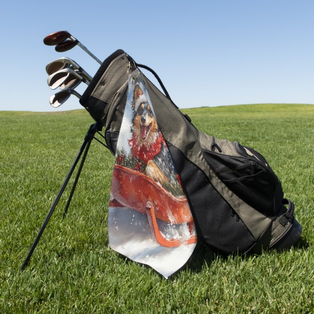 Belgian Shepherd in Sledge Let it Snow Christmas Golf Towel (Green)