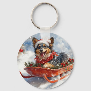 Belgian Shepherd in Sledge Let it Snow Christmas Key Ring