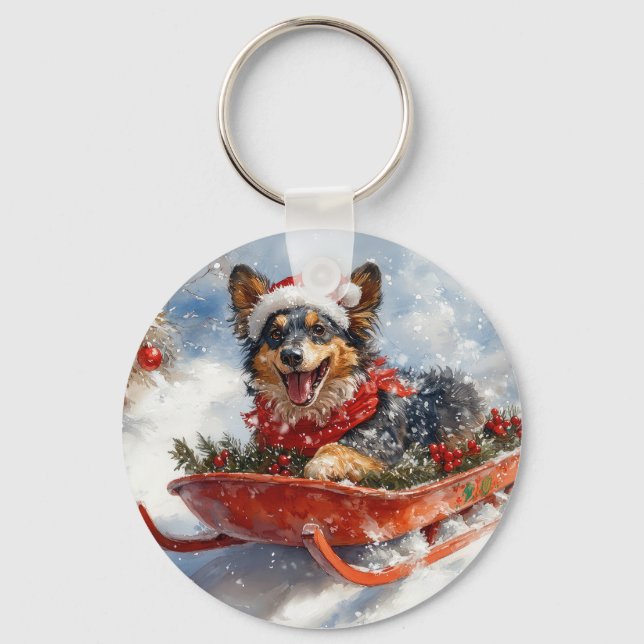 Belgian Shepherd in Sledge Let it Snow Christmas Key Ring (Front)