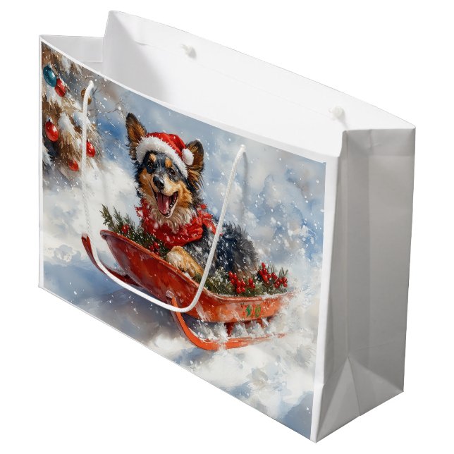 Belgian Shepherd in Sledge Let it Snow Christmas Large Gift Bag (Front Angled)