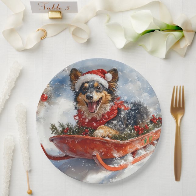 Belgian Shepherd in Sledge Let it Snow Christmas Paper Plate (Wedding)
