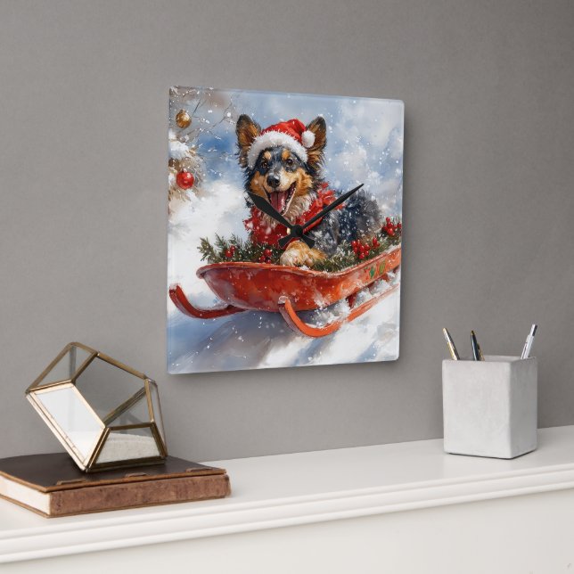 Belgian Shepherd in Sledge Let it Snow Christmas Square Wall Clock (Office)