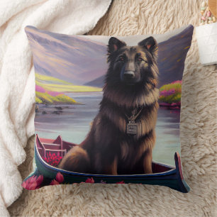 Belgian Shepherd on a Paddle: A Scenic Adventure Cushion