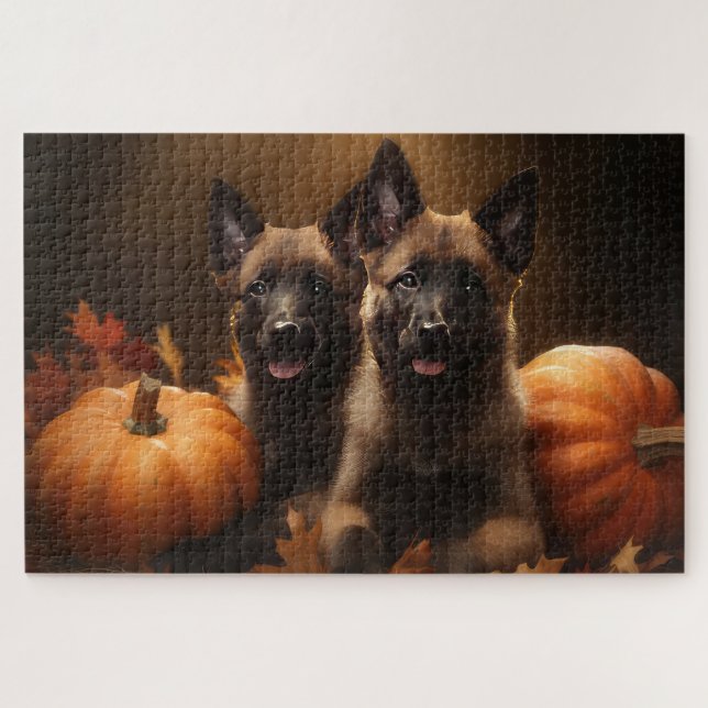 Belgian Shepherd Puppy Autumn Delight Pumpkin Jigsaw Puzzle (Horizontal)