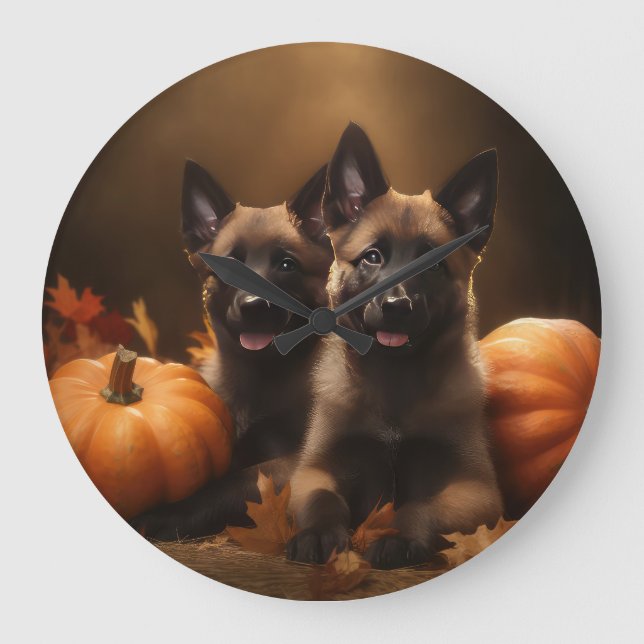 Belgian Shepherd Puppy Autumn Delight Pumpkin Large Clock (Front)