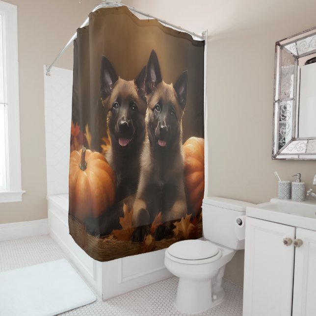 Belgian Shepherd Puppy Autumn Delight Pumpkin Shower Curtain (In Situ)